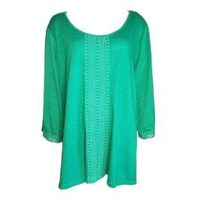 AVENUE Solid All Green Crochet Detail 3/4 Sleeve Pullover Top Womens Size 26/28